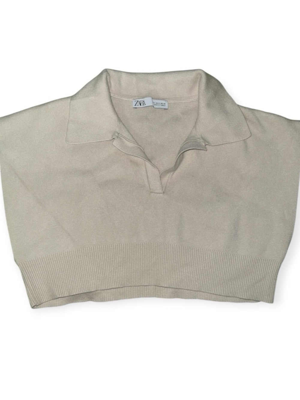Zara Knit Collared Cropped Short Sleeve Top Womens Small Cream